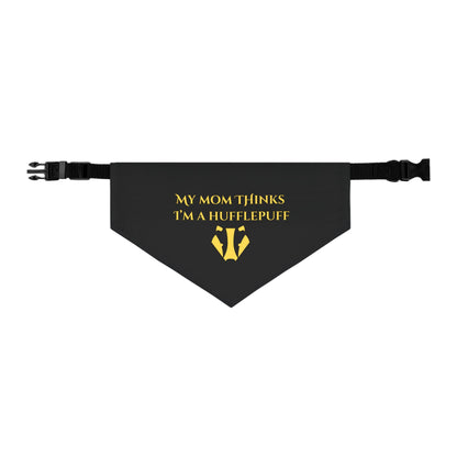 Black bandana with yellow text and Hufflepuff emblem on a white background