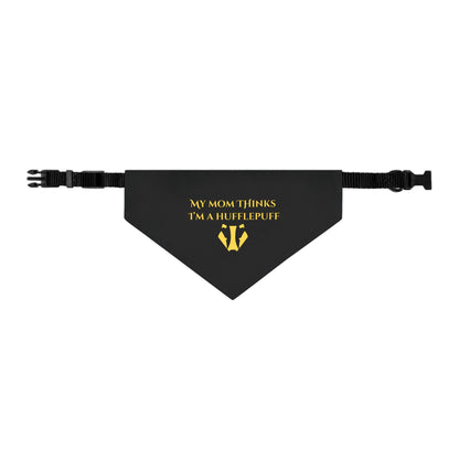 Black bandana with gold text and Hufflepuff emblem on a white background