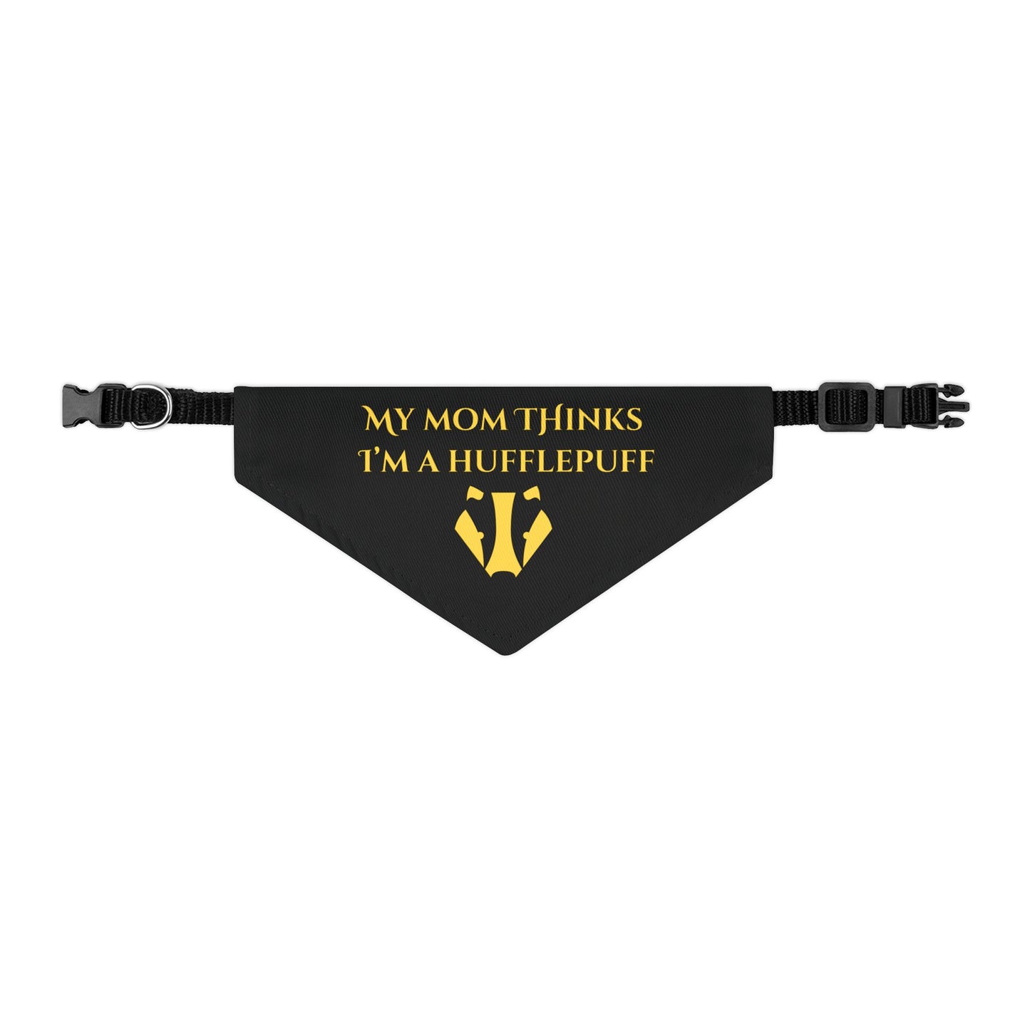 Black bandana with yellow text and Hufflepuff logo on a white background