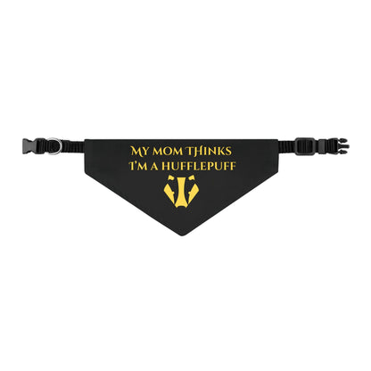 Black bandana with yellow text and Hufflepuff logo on a white background
