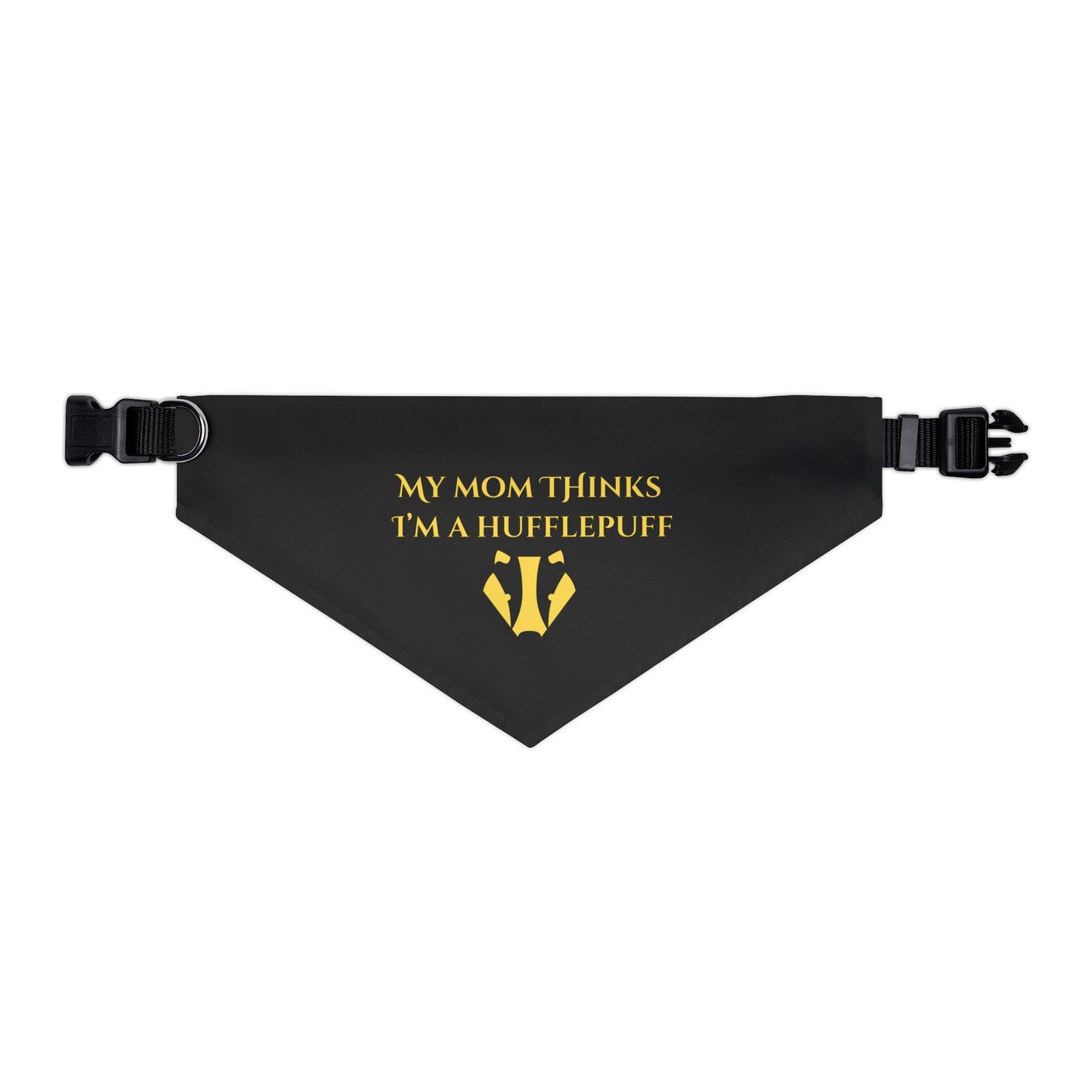 Black bandana with gold text and Hufflepuff logo on a white background
