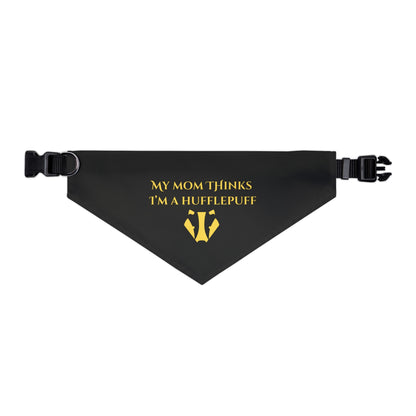 Black bandana with gold text and Hufflepuff logo on a white background