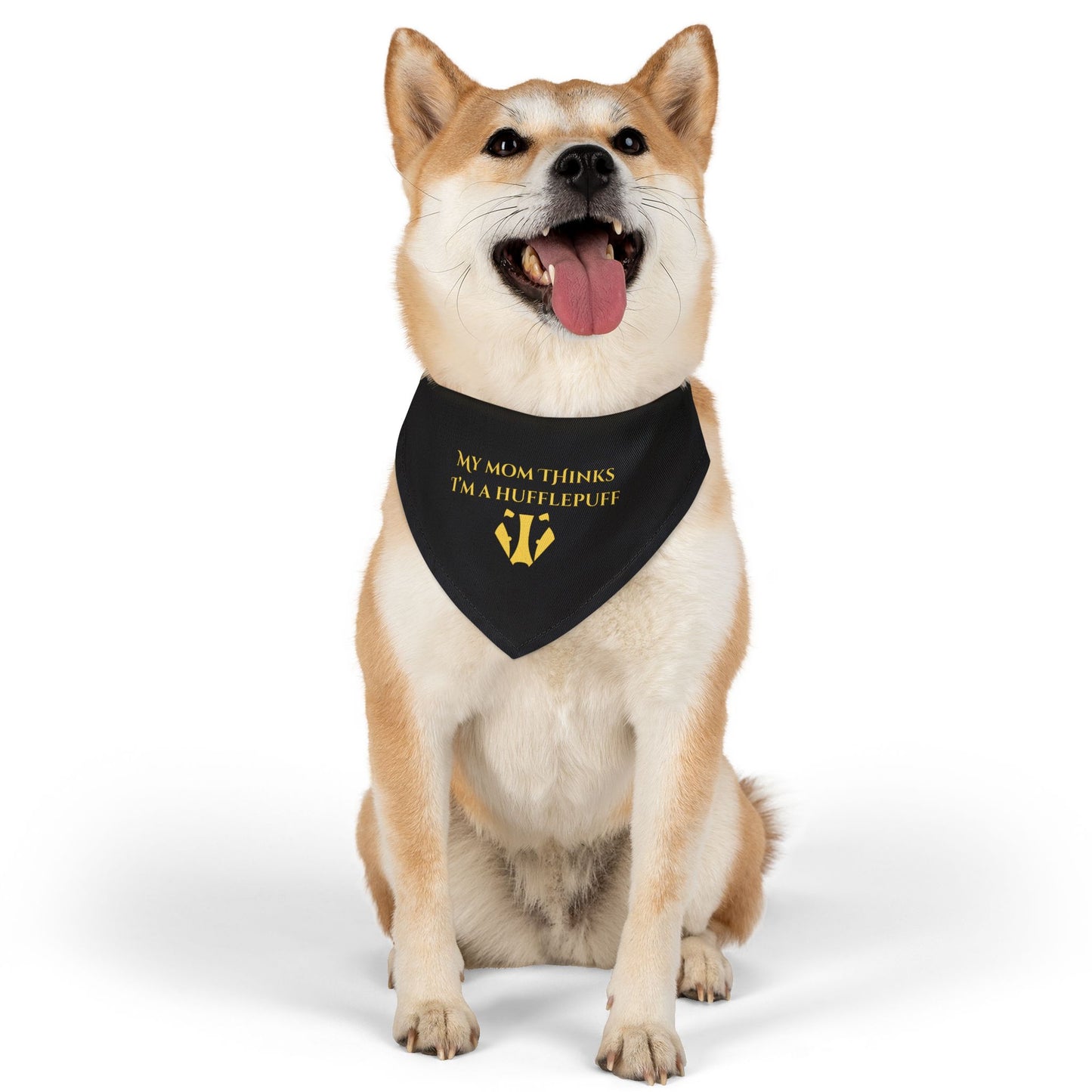 Dog wearing a black bandana with text and a logo on a white background