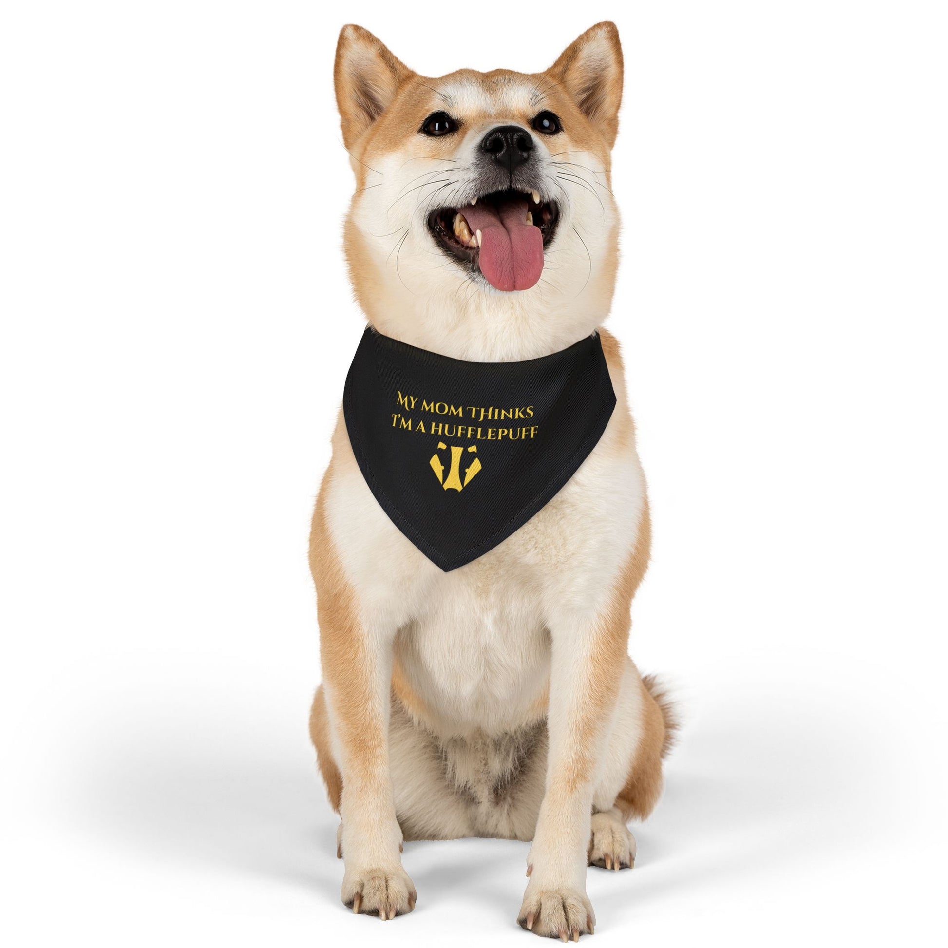 Dog wearing a black bandana with text and a logo on a white background