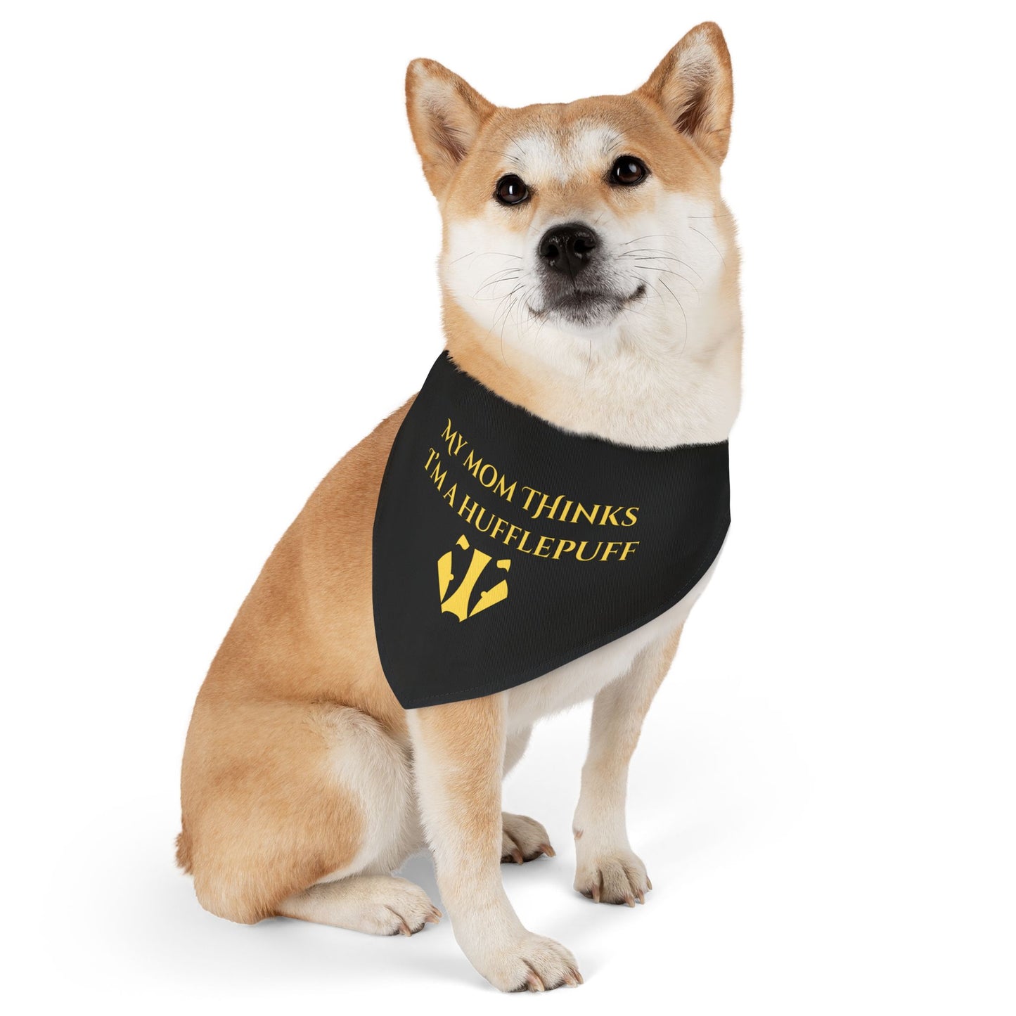 Dog wearing a black bandana with text and a Harry Potter-themed design on a white background