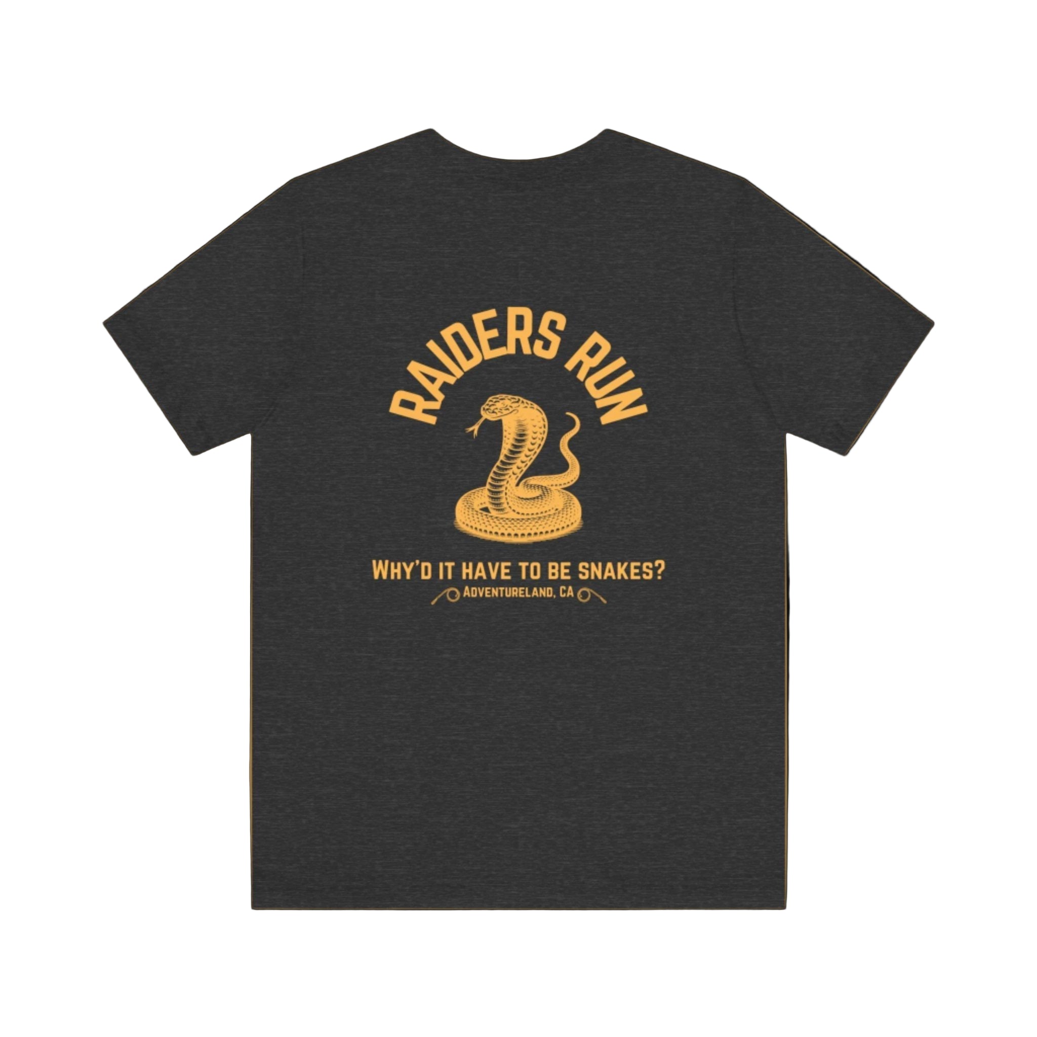 Black indiana jones t-shirt with yellow graphic and text on a brown background