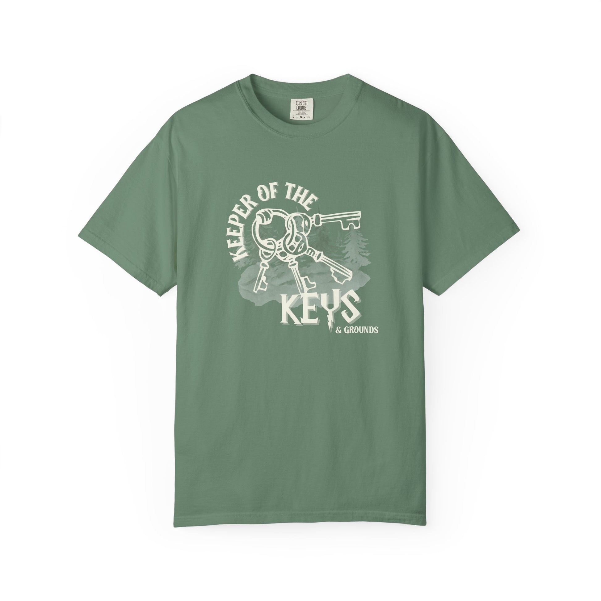 Green t-shirt with 'Keeper of the Keys' graphic design on a white background