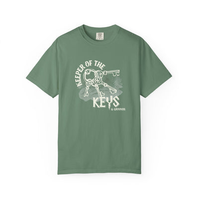 Green t-shirt with 'Keeper of the Keys' graphic design on a white background