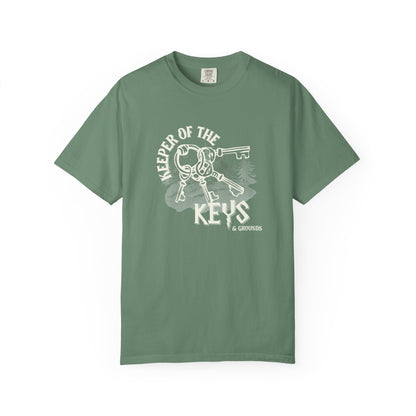 Green t-shirt with 'Keeper of the Keys' graphic design on a white background