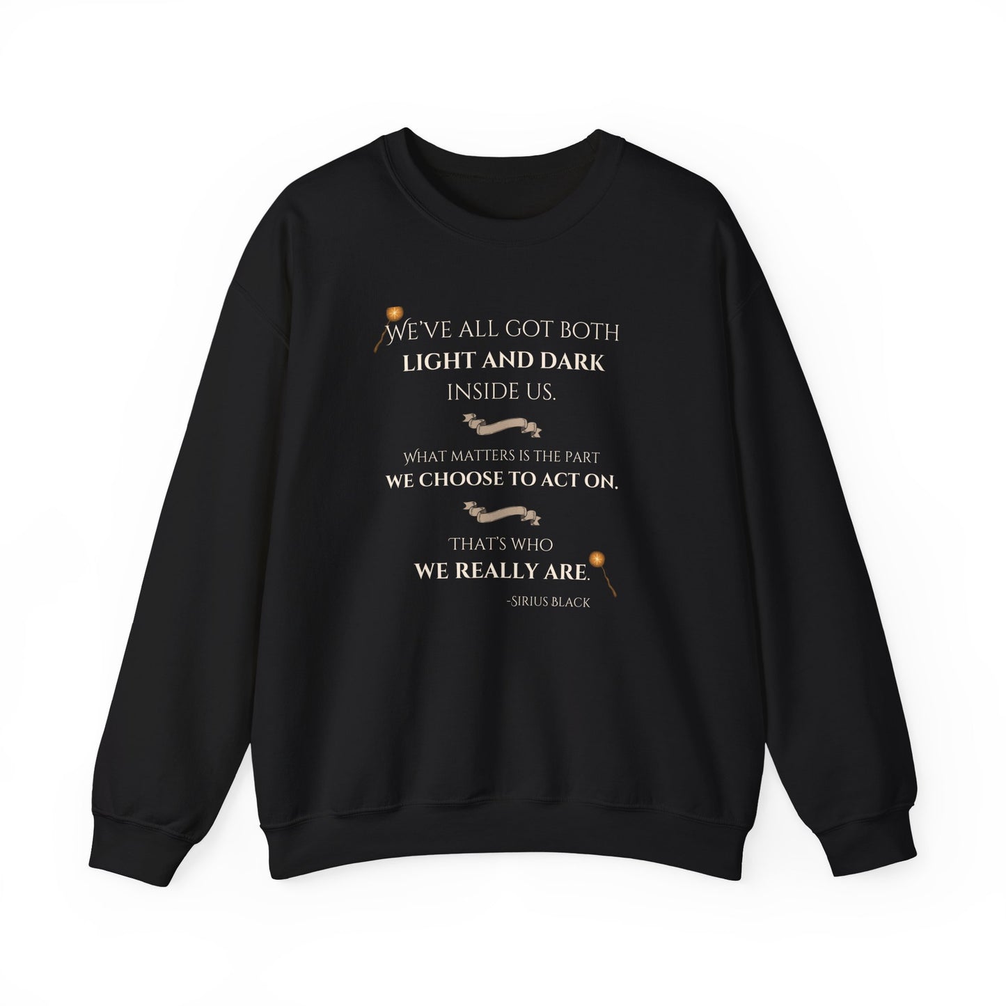 Black sweatshirt with text and quotes on a white background