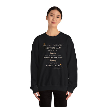 Person wearing a black sweatshirt with text on a white background