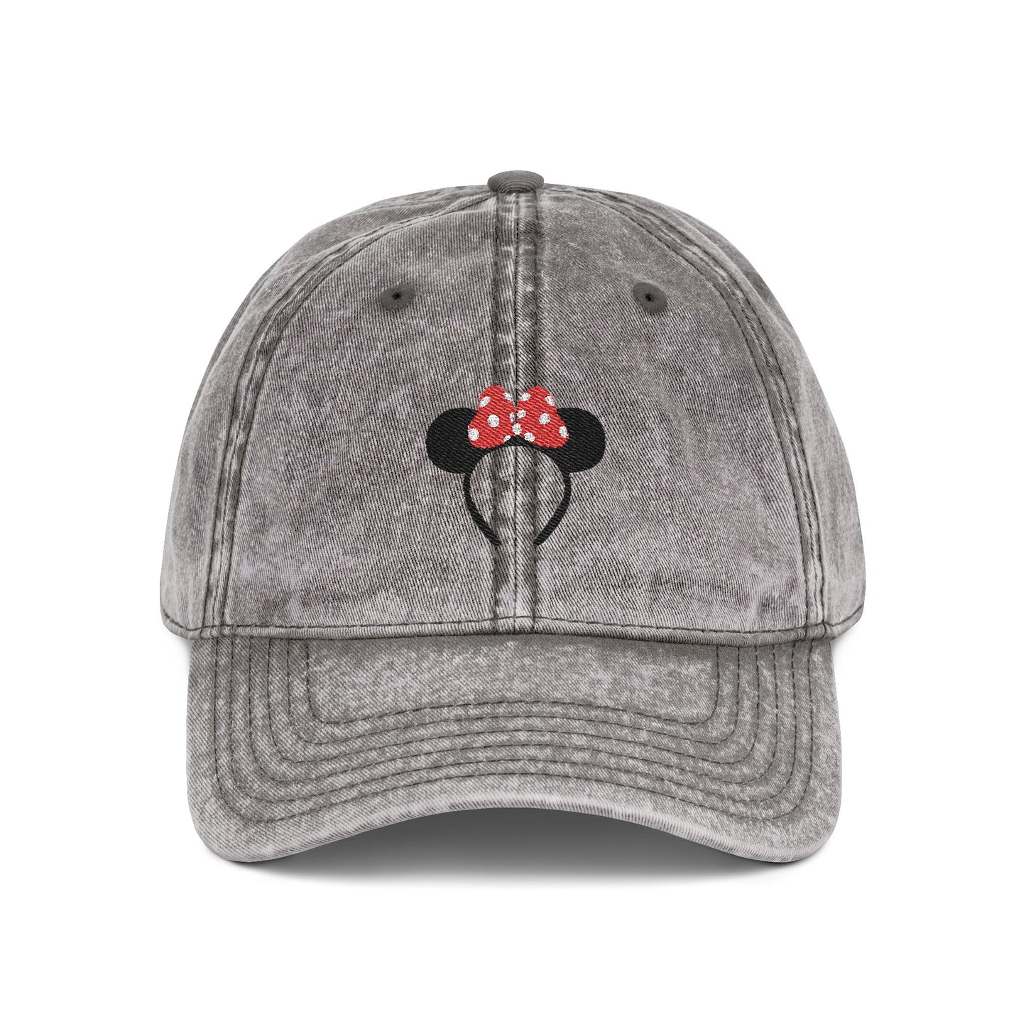 Gray denim cap with a black and red mouse ear design on a white background