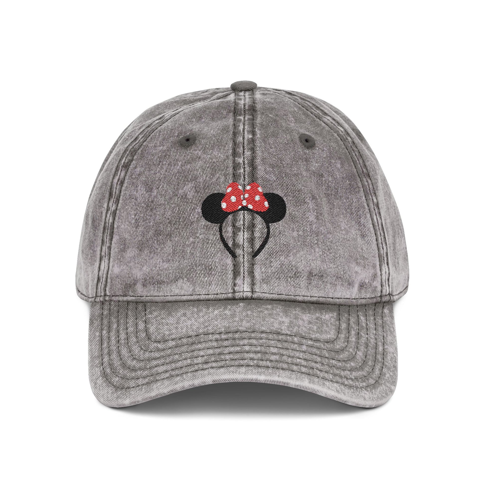 Gray denim cap with a black and red mouse ear design on a white background