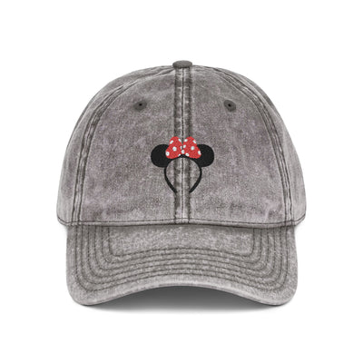 Gray denim cap with a black and red mouse ear design on a white background