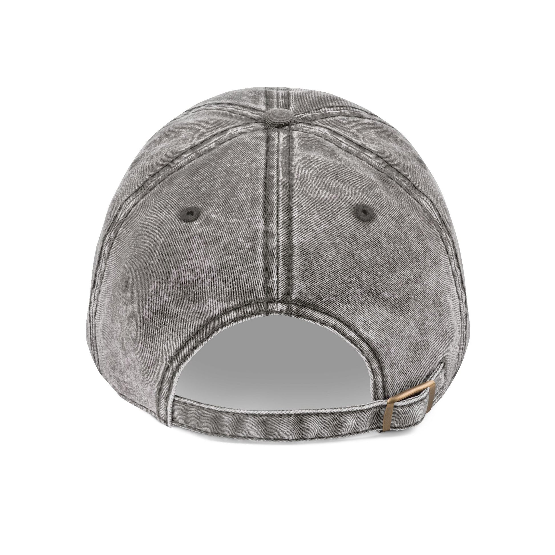 Back view of a gray denim cap on a white background