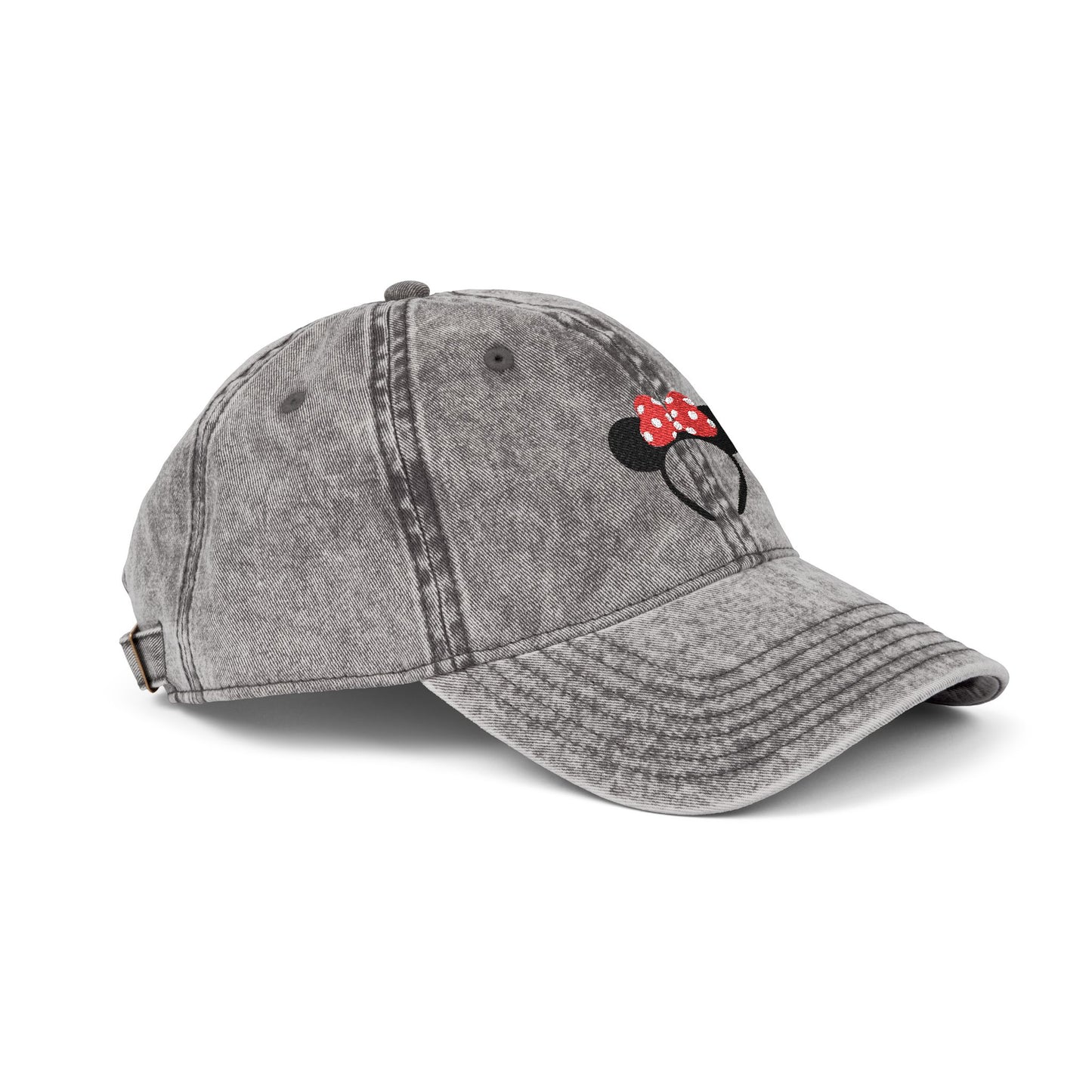 Gray baseball cap with a cartoon character design on a white background