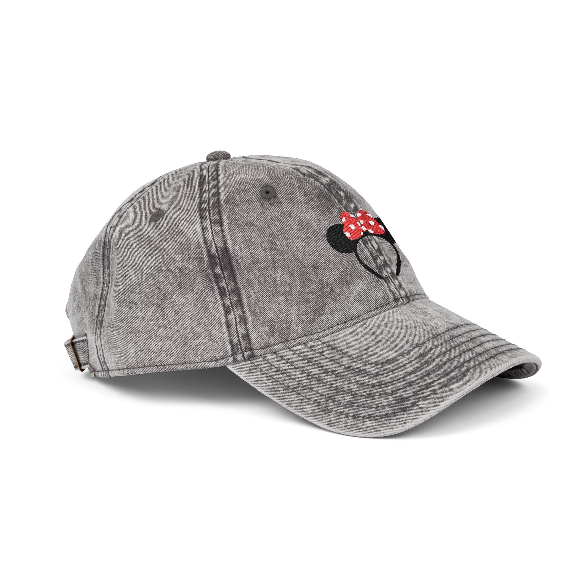 Gray baseball cap with a cartoon character design on a white background