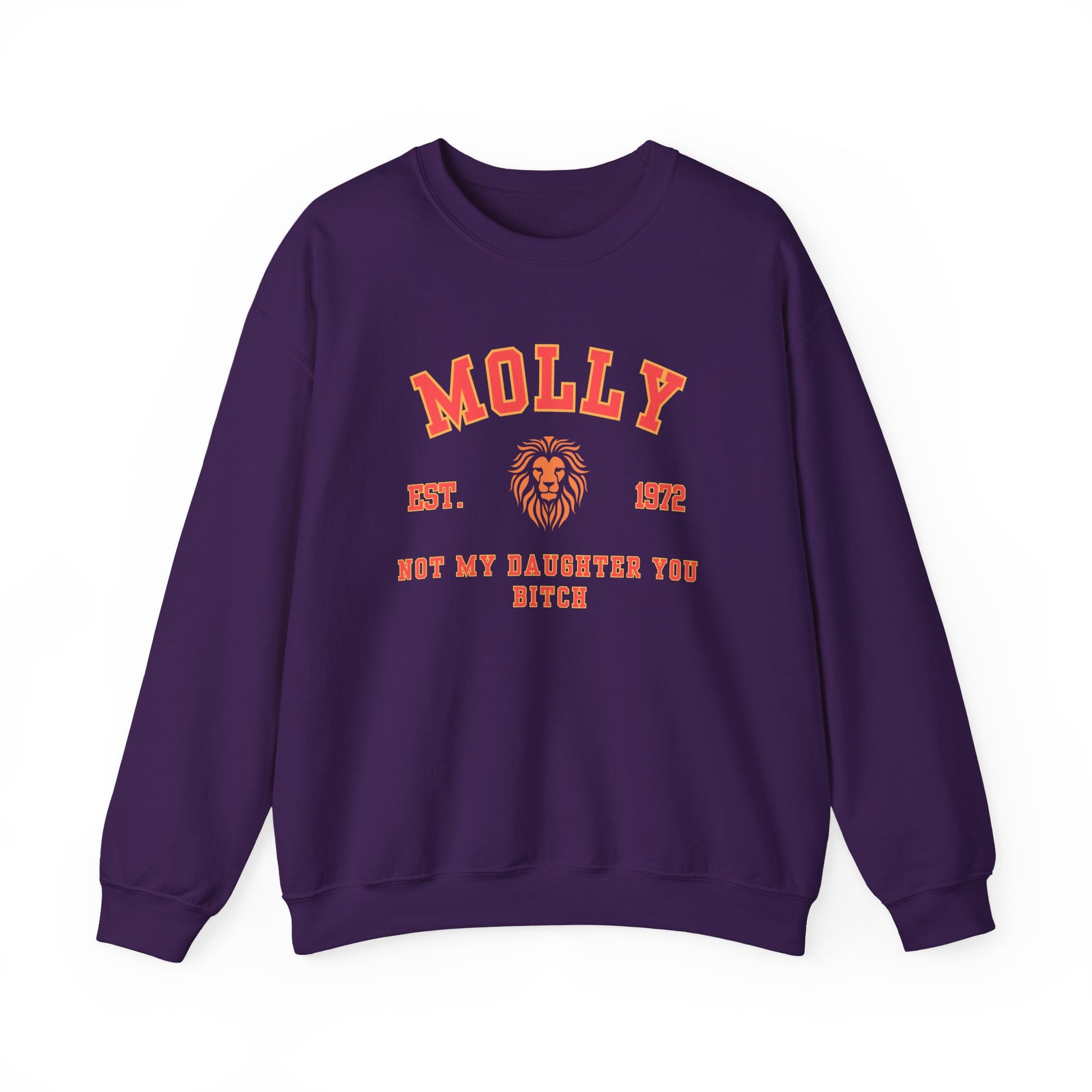 Purple sweatshirt with orange text and a lion graphic on a white background