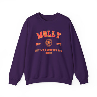 Purple sweatshirt with orange text and a lion graphic on a white background