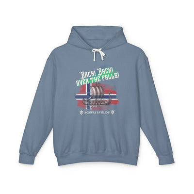 Blue hoodie with graphic design on a white background