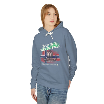 Person wearing a blue hoodie with graphic design and text on a white background