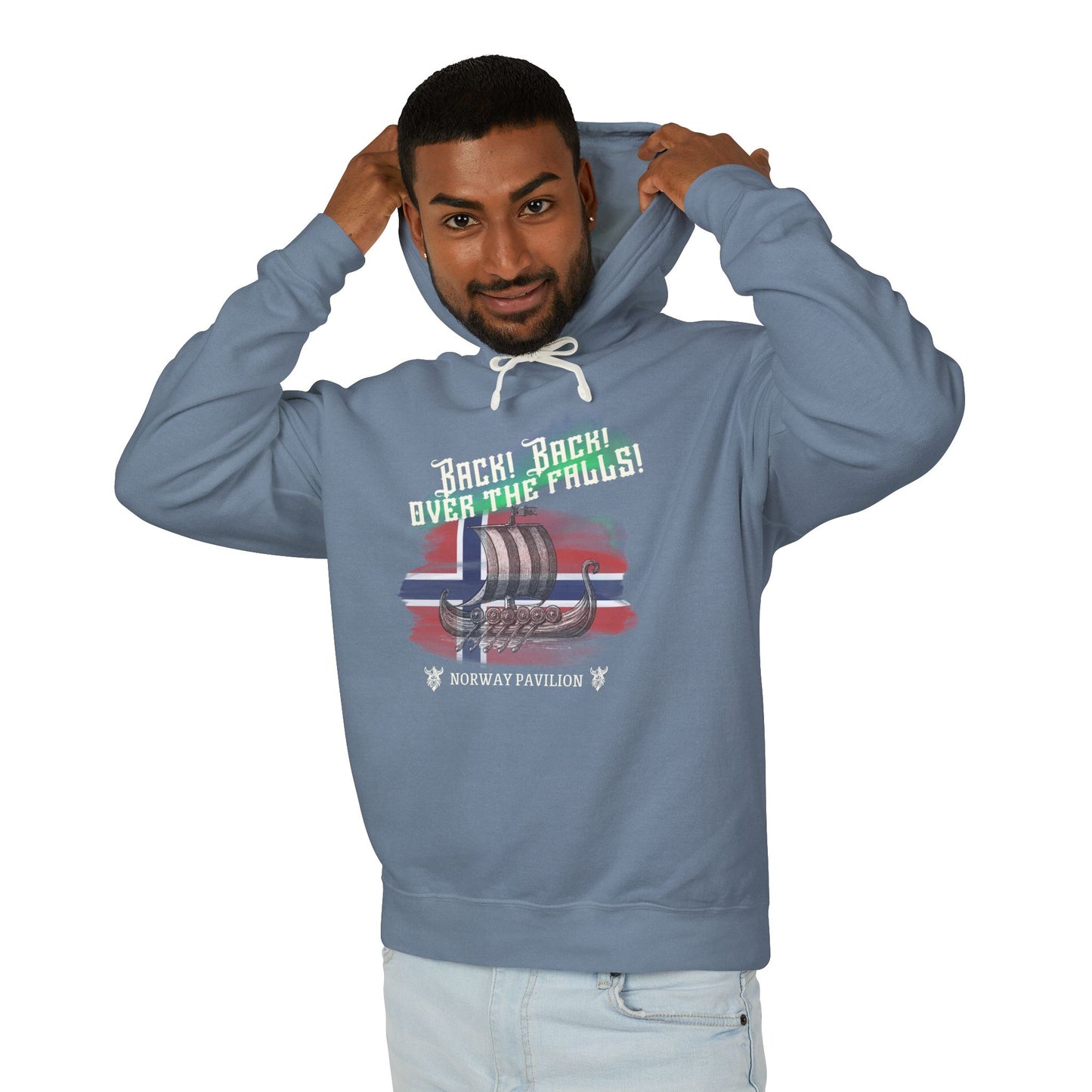 Man wearing a blue hoodie with a graphic design on a white background