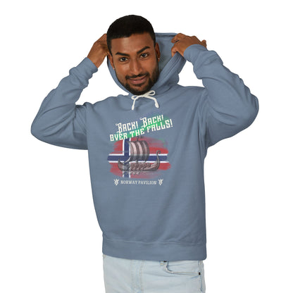 Man wearing a blue hoodie with a graphic design on a white background