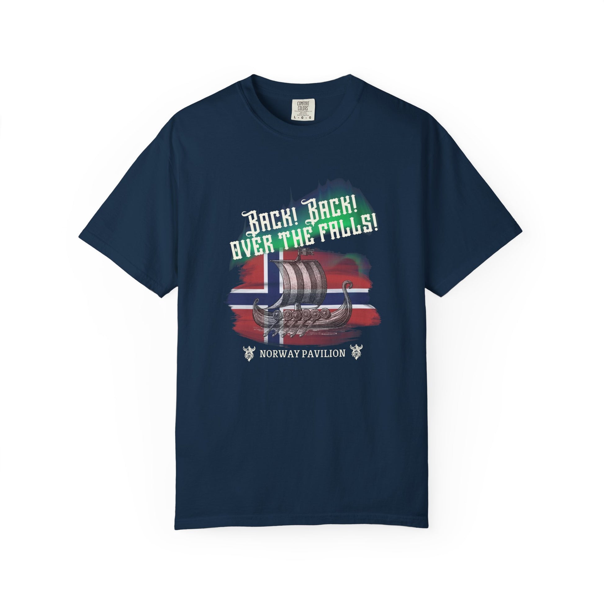 Navy blue t-shirt with Viking ship graphic and text on a white background
