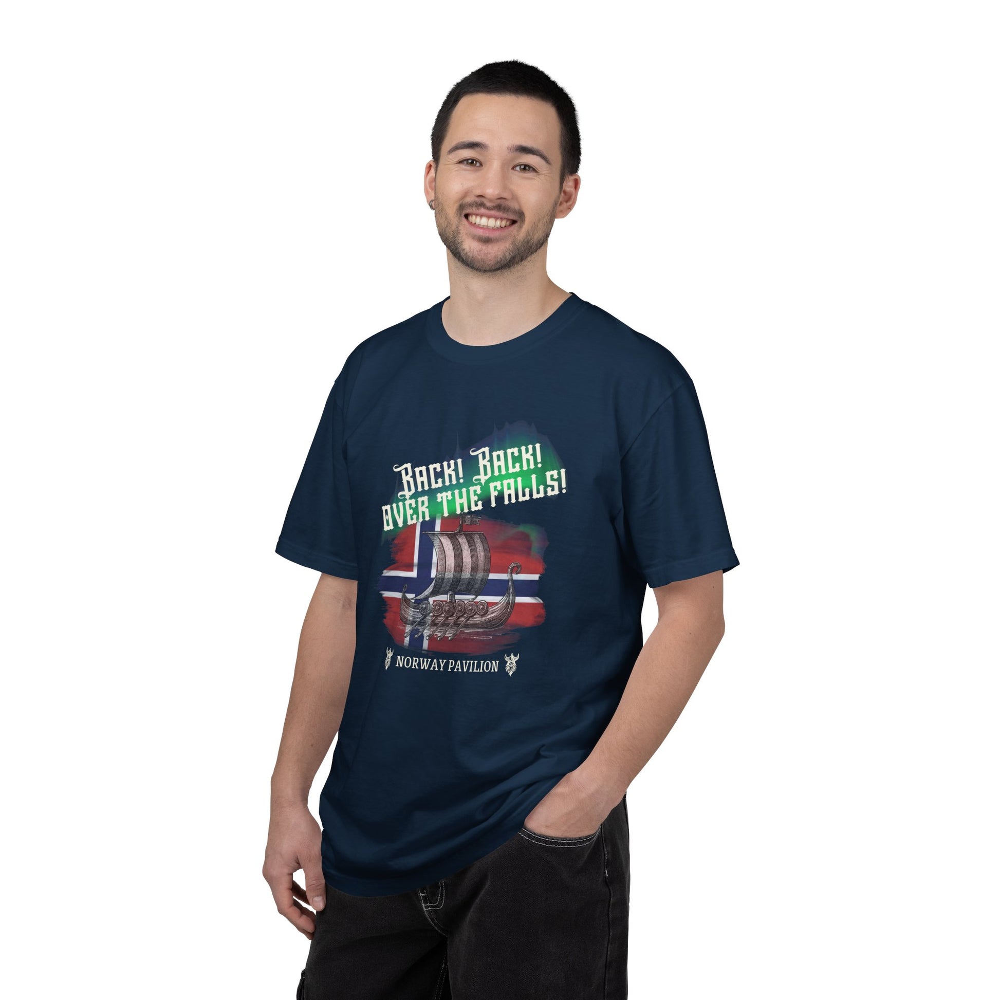 Man wearing a navy blue t-shirt with colorful graphic design on a white background