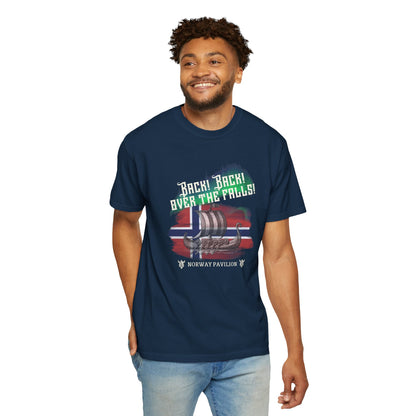 Man wearing a navy blue t-shirt with a graphic design on a white background
