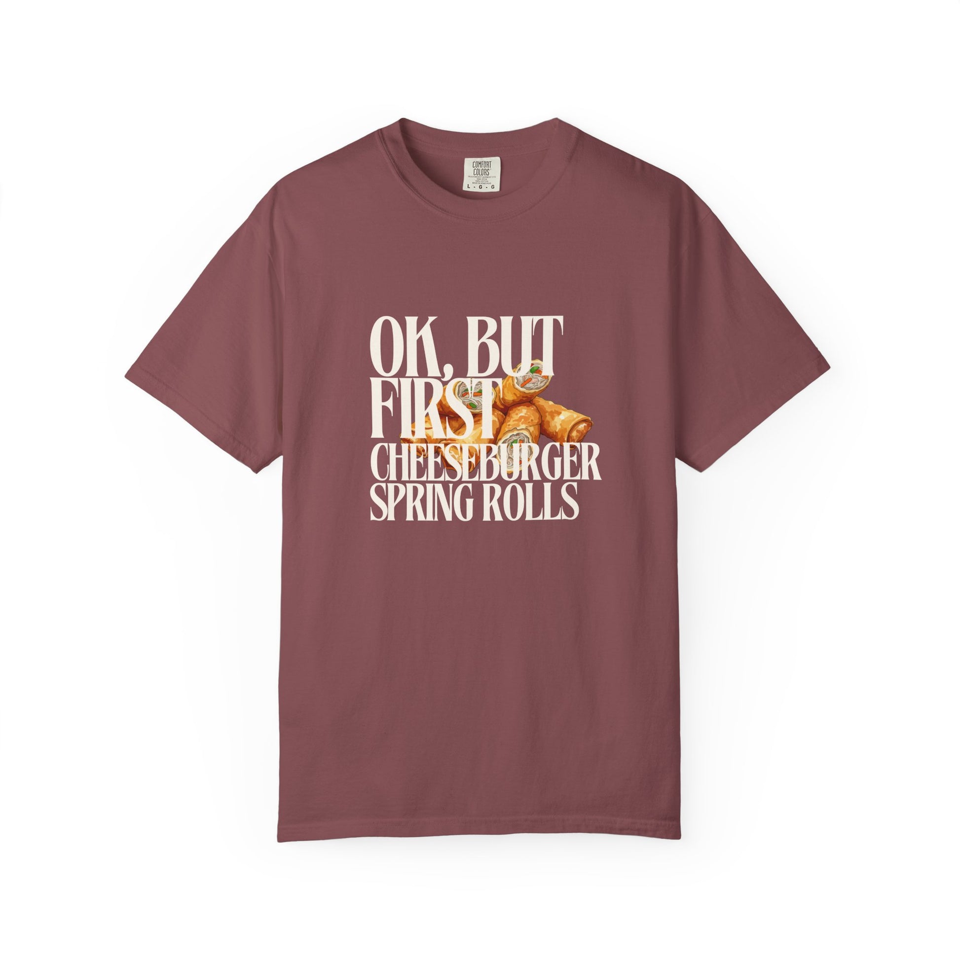 Maroon t-shirt with graphic and text on a white background