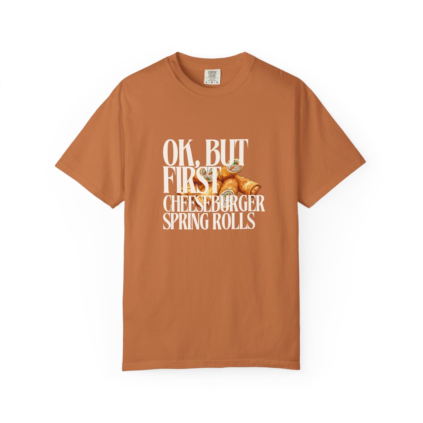 Brown t-shirt with white text and graphic on a white background