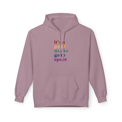 A purple hoodie with the text 'it's a good day to go to epcot' printed on the front.