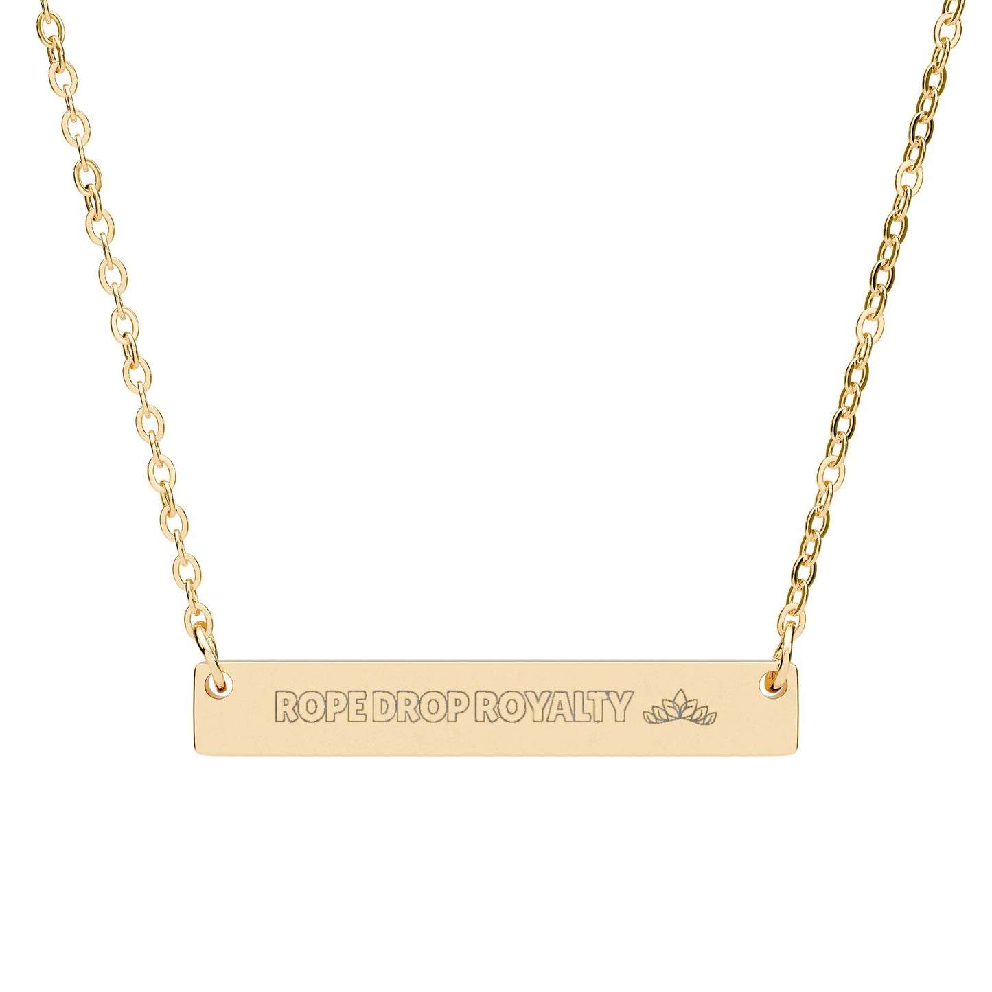 Gold necklace with 'ROPE DROP ROYALTY' pendant on a white background