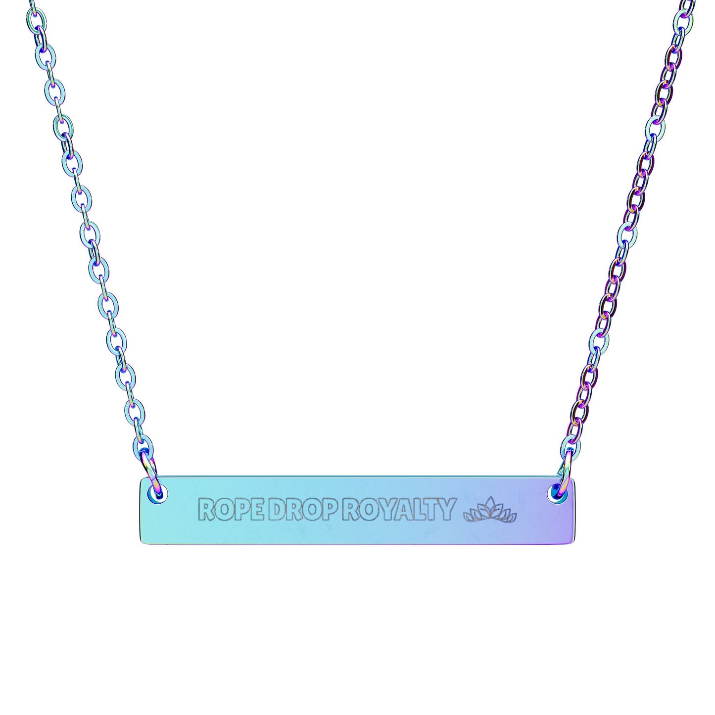 Necklace with a bar pendant displaying 'ROPE DROP ROYALTY' on a white background
