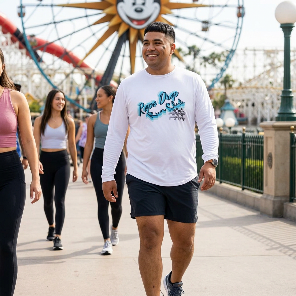Man walking with a 'Ripe Drip' shirt in front of a Ferris wheel at an amusement park.