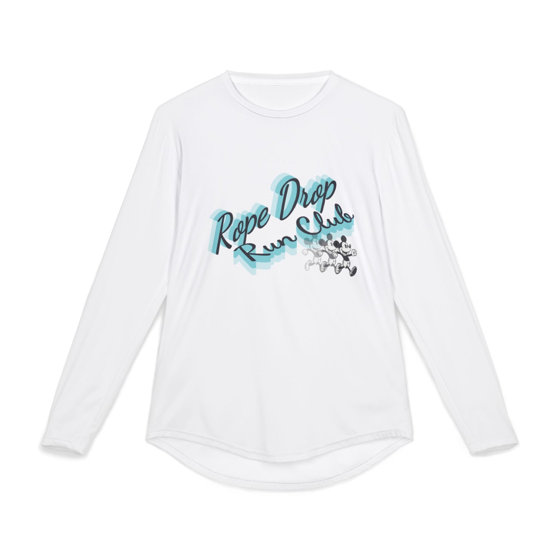 White long-sleeve shirt with 'Rope Drop Run Club' text and graphic on a white background