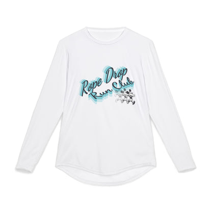White long-sleeve shirt with 'Rope Drop Run Club' text and graphic on a white background