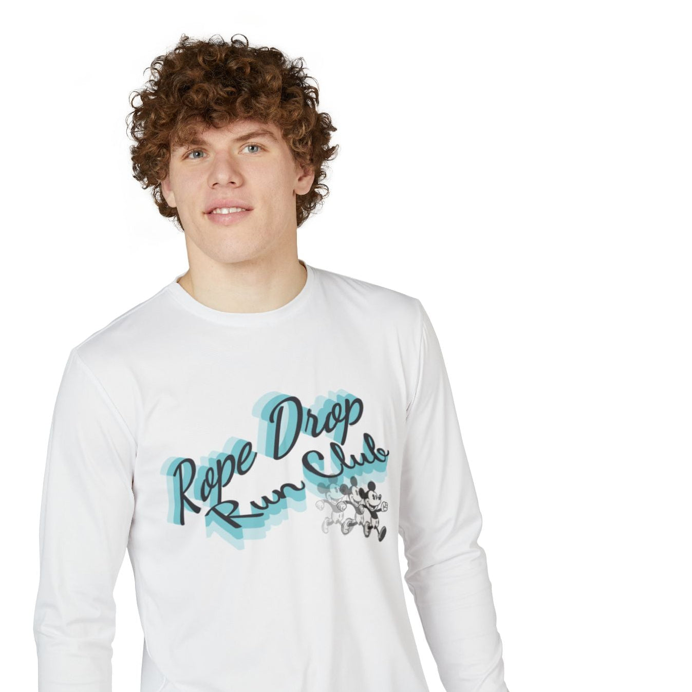 Person wearing a white long-sleeve shirt with text and graphics on a white background