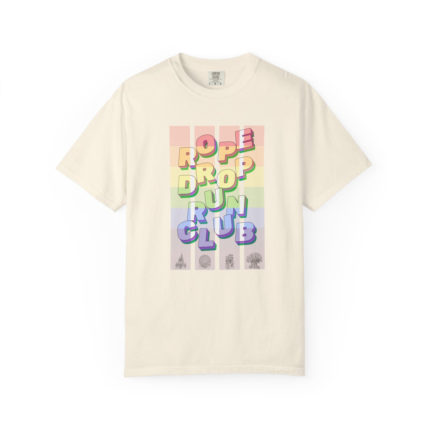 Beige t-shirt with colorful 'Rope Drop Fun Club' graphic on a white background