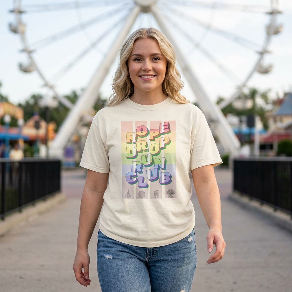 Woman wearing a t-shirt with colorful text in front of a Ferris wheel.