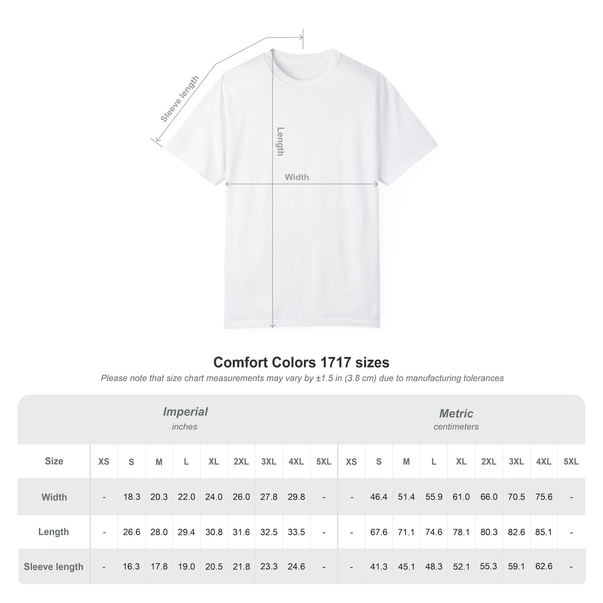 White t-shirt with measurement chart on a white background comfort colors