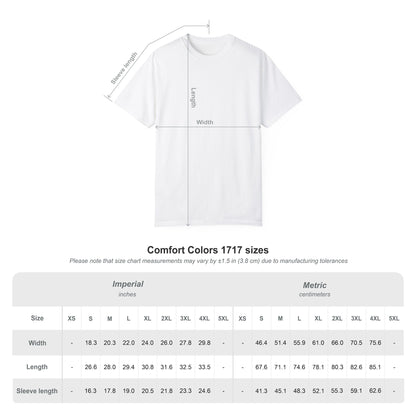White t-shirt with measurement chart on a white background comfort colors