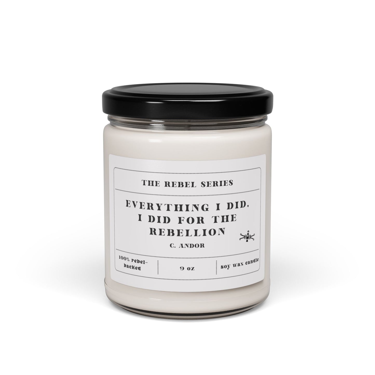 Candle jar with a label on a white background