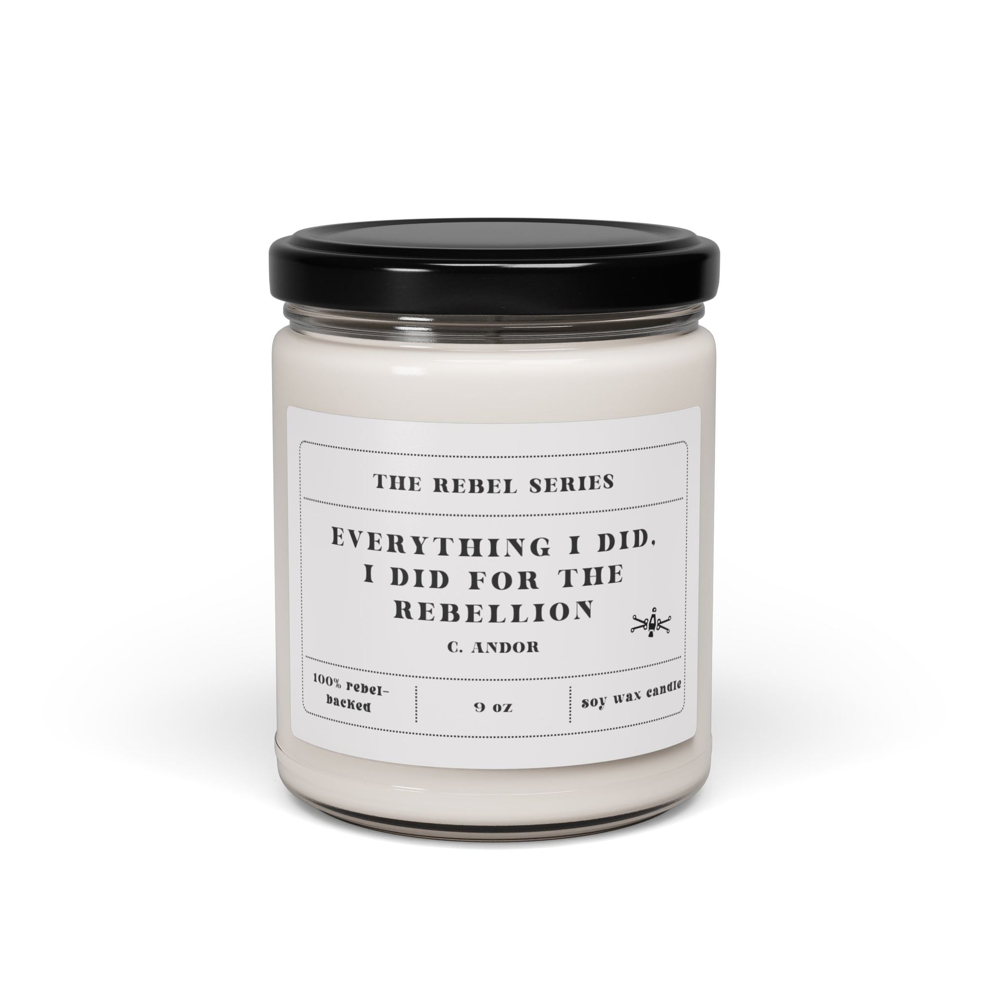 Candle jar with a label on a white background
