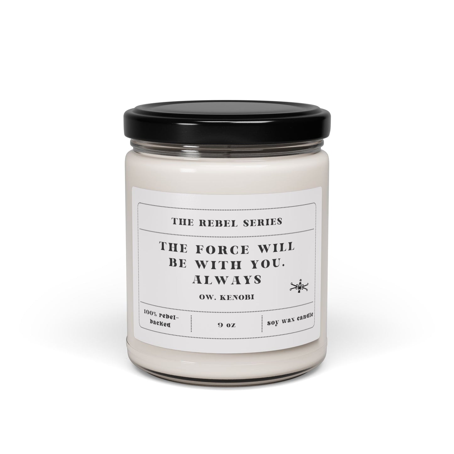 Candle jar with a label on a white background
