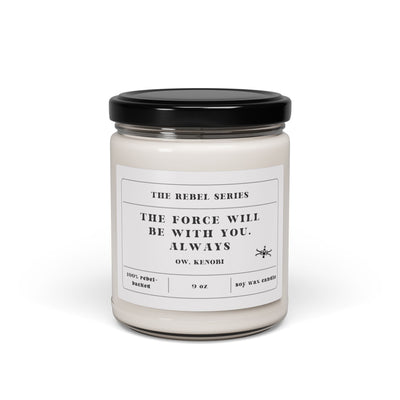 Candle jar with a label on a white background
