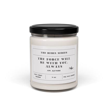 Candle jar with a label on a white background