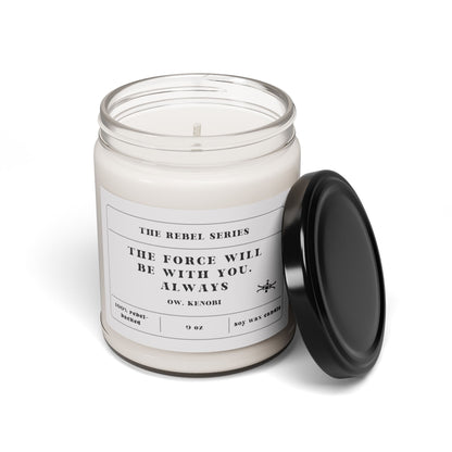 Candle jar with a label featuring text and a black lid on a white background