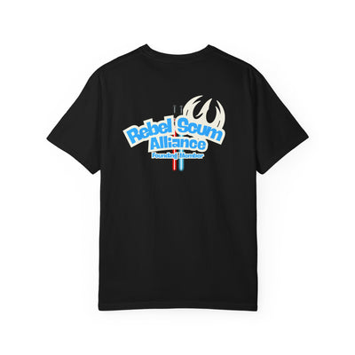 Black t-shirt with 'Rebel Scum Alliance' graphic on a white background